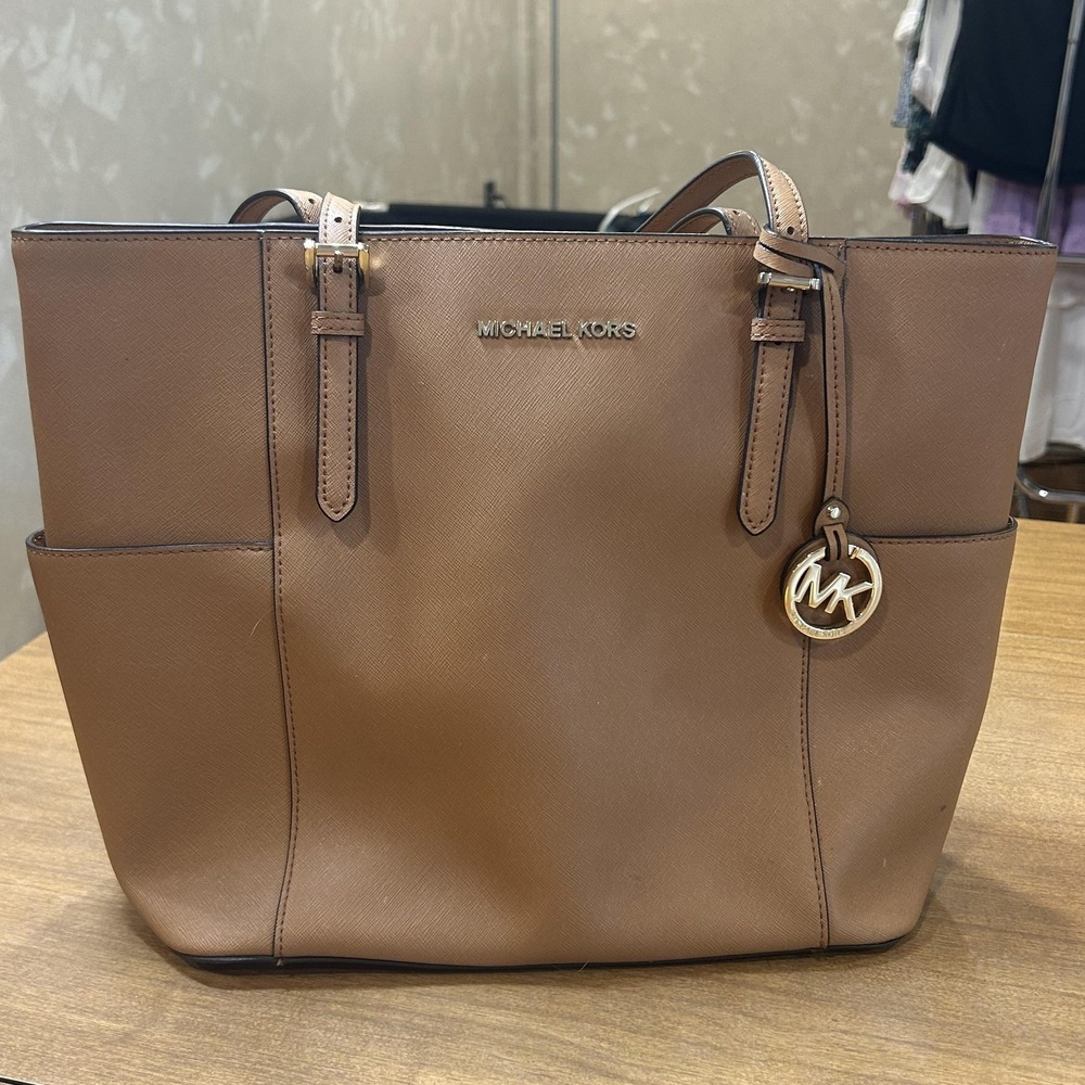 Michael Kors Tote Bag Womens Medium Tan Leather MK Charm Zip Top Work Purse